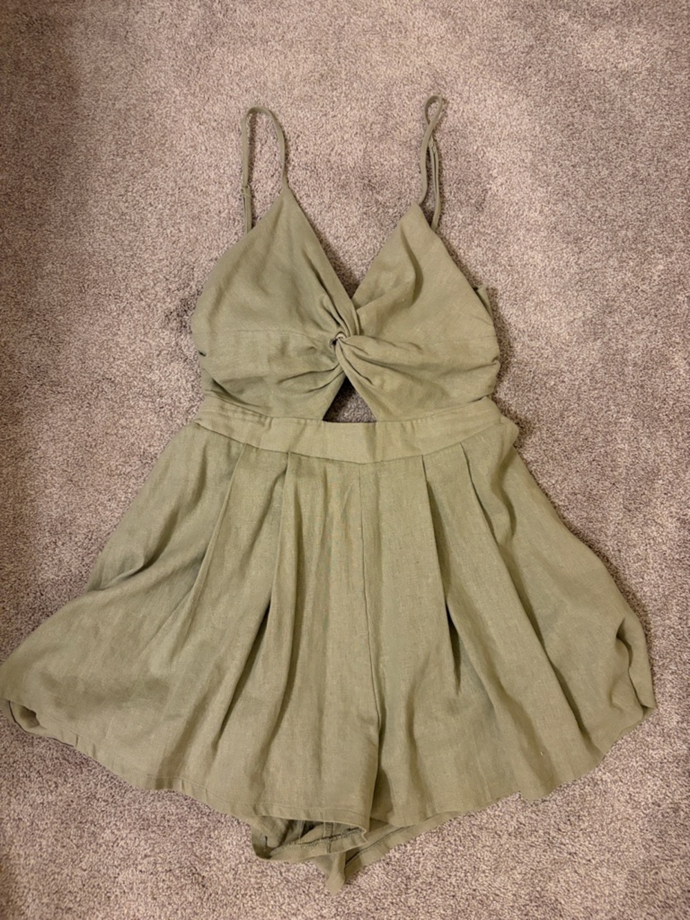 Altar’d State Olive Green Twist-Front Spaghetti Strap Romper, Size M